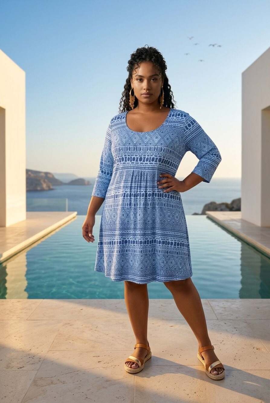 R&B Collection Blue Geometric Tribal Print 3/4 Sleeve Dress Size 3XL